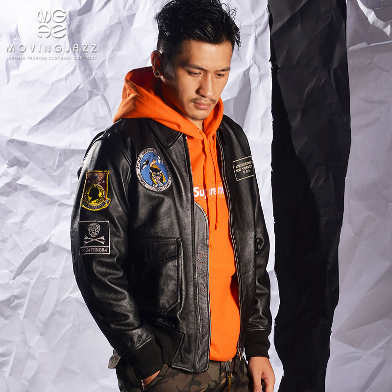 A2真皮皮衣男士翻领飞行员头层牛皮夹克大码刺绣徽章春秋青年外套