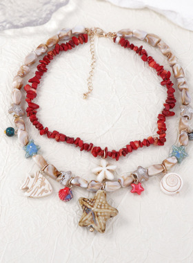 跨境海洋度假双层叠戴松石陶瓷海星小鱼吊坠女项链