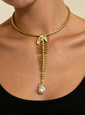 时尚潮流简约个性INS冷淡风创新小众夸张鱼骨架吊坠女款项圈