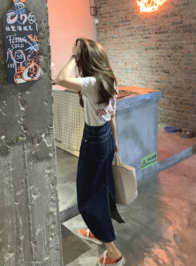bigyu 复古深蓝牛仔裙~春夏百搭高腰包臀显瘦A字中长半身开叉裙子