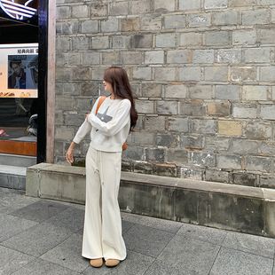 女秋冬亲肤加绒拖地长裤 bigyu 针织阔腿裤 抽绳休闲裤 显瘦显腿长