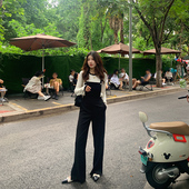 女长裤 bigyu 高级感气质通勤阔腿裤 黑色春秋新款 设计感高腰背带裤