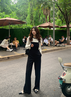 bigyu 设计感高腰背带裤黑色春秋新款高级感气质通勤阔腿裤女长裤