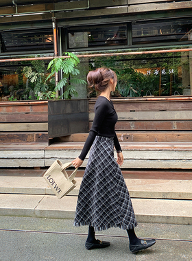 bigyu 复古斜纹格子半身裙女秋冬通勤高腰显瘦A字中长款流苏裙子