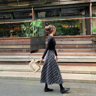 bigyu 复古斜纹格子半身裙女秋冬通勤高腰显瘦A字中长款流苏裙子