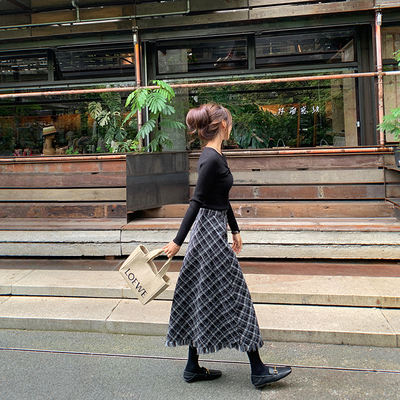 bigyu 复古斜纹格子半身裙女秋冬通勤高腰显瘦A字中长款流苏裙子