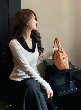 bigyu设计感小香风拼色V领法式打底内搭上衣女修身气质长袖针织衫