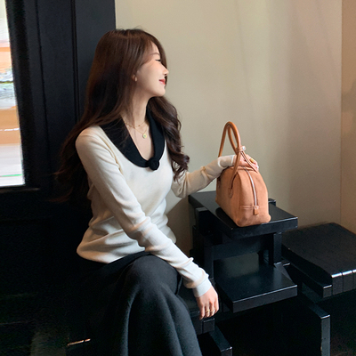 bigyu设计感小香风拼色V领法式打底内搭上衣女修身气质长袖针织衫