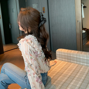 法式 衬衫 甜美小清新 防晒上衣雪纺衫 春夏荷叶花边碎花长袖 bigyu