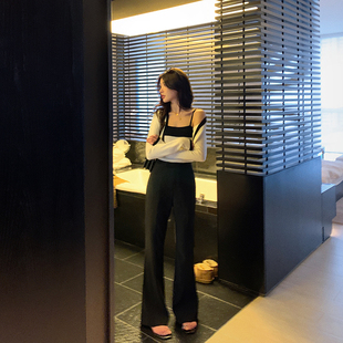 bigyu 高腰显瘦微喇叭马蹄裤 春夏女裤垂感修身西装裤黑色长裤