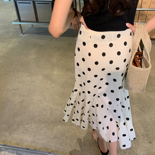 bigyu 高腰显瘦包臀鱼尾裙 优雅气质波点半身裙女夏棉麻通勤中长款