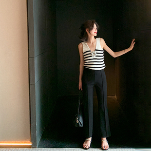 休闲裤 bigyu 女 子高腰显瘦弹力九分裤 春夏黑色裤 百搭修身 小黑裤