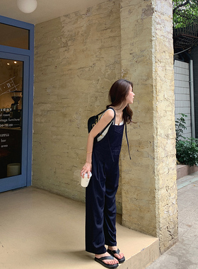 bigyu 复古深蓝牛仔背带裤2024夏季薄款宽松休闲工装直筒连体裤子