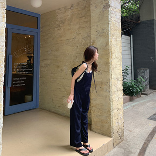 bigyu 复古深蓝牛仔背带裤女 夏季薄款宽松休闲工装直筒连体裤子