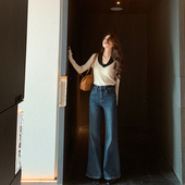 微喇叭牛仔裤 女秋冬加薄绒新款 高腰显瘦喇叭长裤 bigyu 直筒拖地裤