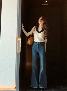 bigyu 微喇叭牛仔裤女秋冬加薄绒新款高腰显瘦喇叭长裤直筒拖地裤