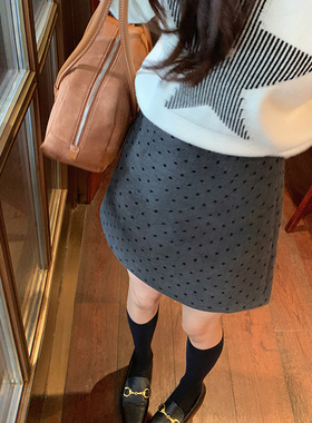 bigyu 复古灰黑波点毛呢A字半身裙女秋冬小个子高腰包臀显瘦短裙