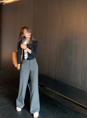 bigyu 高级感灰色通勤西装裤女春秋直筒中腰窄版阔腿裤显瘦休闲裤