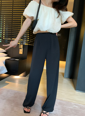 bigyu 休闲垂感阔腿长裤 夏季薄款西装裤百搭显瘦黑色直筒休闲裤
