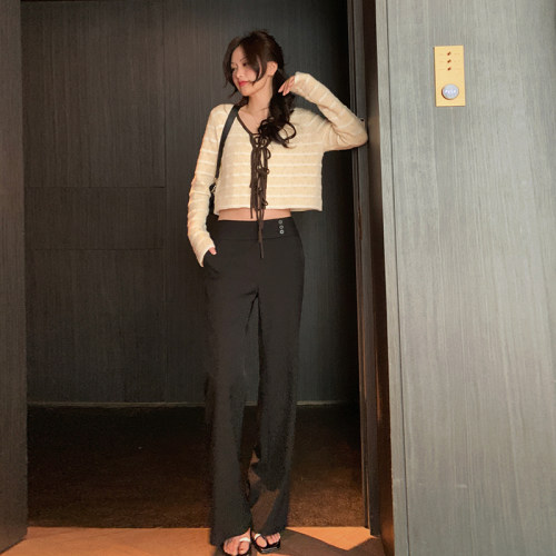 bigyu 暴瘦15斤~极显瘦的黑色长裤女春夏高级垂感低腰西装休闲裤