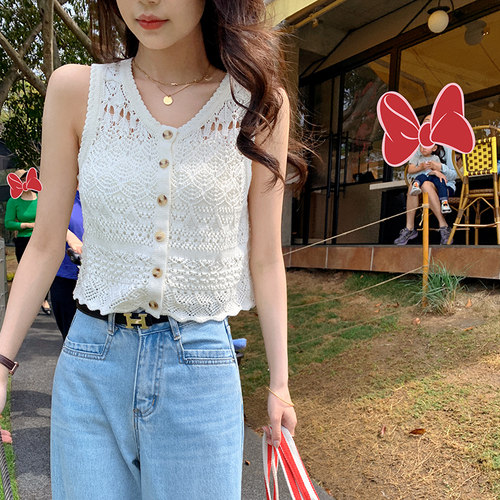 bigyu波西米亚复古镂空钩花针织上衣无袖短款法式V领背心马甲女夏