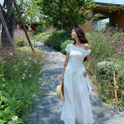 bigyu 设计感斜肩花边领不规则系带T恤女夏季新款白色短袖上衣TEE