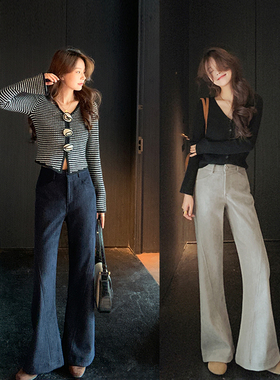 bigyu 百搭休闲阔腿微喇长裤加绒女秋冬宽松显瘦喇叭裤薄绒拖地裤