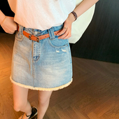 新款 bigyu 复古磨破毛须边高腰短裙夏季 显瘦浅蓝色A字牛仔半身裙
