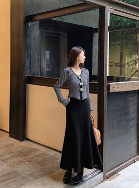 bigyu 秋冬气质黑色鱼尾裙针织裙子女包臀中长款修身显瘦半身裙