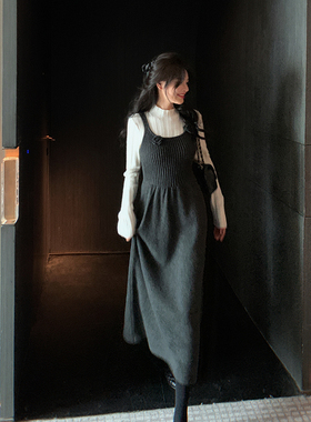 bigyu【12.26上新限时95折】高腰长款花朵吊带针织连衣裙