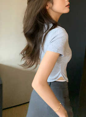 bigyu 露腰灰色短款T恤打底外穿修身TEE夏季新款纯欲甜辣小上衣女