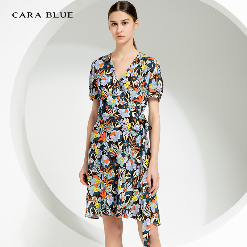 cara blue 喀啦 连衣裙 气质修身时尚印花V领KB221MWO0041