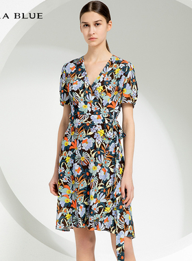 cara blue 喀啦 连衣裙 气质修身时尚印花V领KB221MWO0041