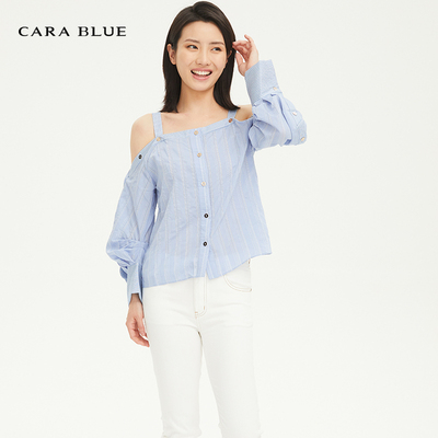 carablue喀啦时尚露肩系扣衬衫