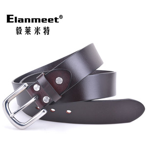 Elanmeet不锈钢螺丝皮带针扣镜面裤带单层头层牛皮腰带3.8cm