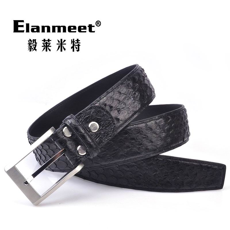 Elanmeet黑色蟒蛇皮皮带整条腰带针扣扣头不锈钢扣3.8CM