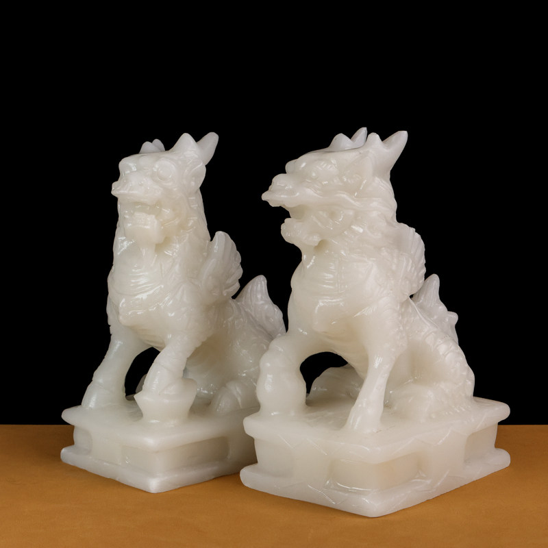 天然汉白玉麒麟摆件招财玉石麒麟一对客厅玄关博古架家居风水装饰