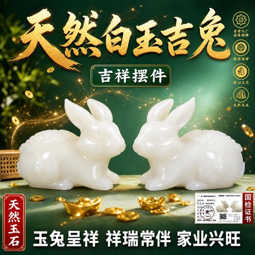 白玉阿富汗玉兔子吉祥桌面摆件