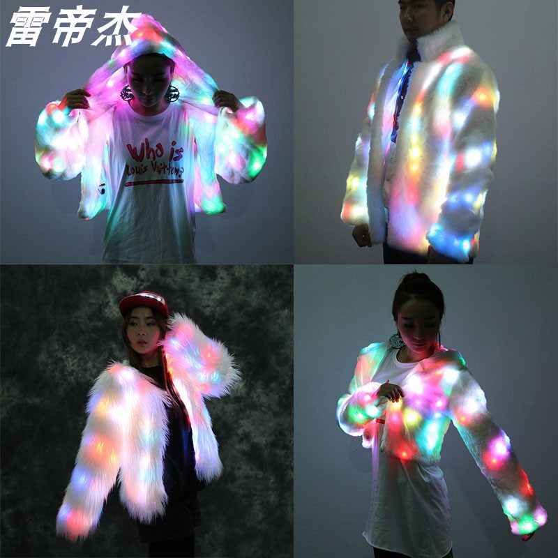 LED七彩发光衣服反季仿皮草外套春秋演出服加绒毛毛衣酒吧男女装