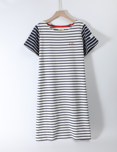 260克纯棉蓝白条纹海魂t恤裙刺绣字母短袖 直筒外贸 连衣裙女中长款