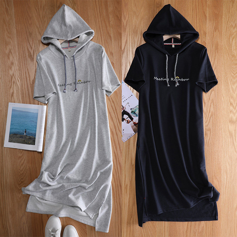 显瘦 显瘦减龄印花英文字母 纯棉毛圈连帽短袖连衣裙春夏大码宽松