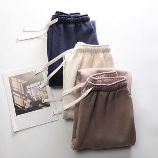 灰粉色加绒加厚纯棉针织直筒松紧腰阔腿裤运动长裤女大码冬季卫裤