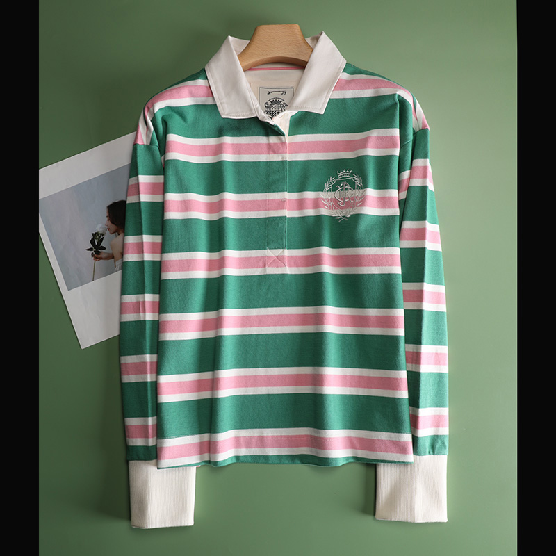 绿色宽条纹翻领POLO衫长袖女短款