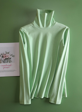 清新绿色高领T恤打底衫女春秋内搭纯棉堆堆领大码长袖上衣春秋衣