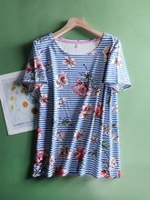 外贸客供面料纯棉蓝条大花朵圆领短袖T恤女碎花短款上衣夏季新款