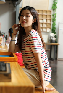 海魂衫 柔软亲肤水洗纯棉薄款竹节纱红蓝条纹短袖T恤女夏大码上衣