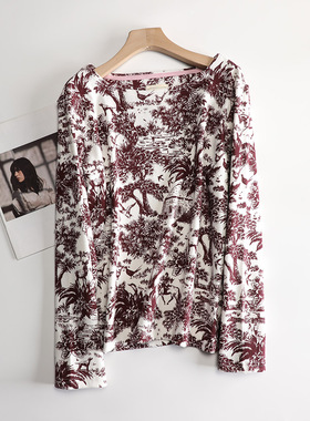 英伦洋气紫色印花动物森林船领长袖T恤女大码上衣秋冬打底衫加厚