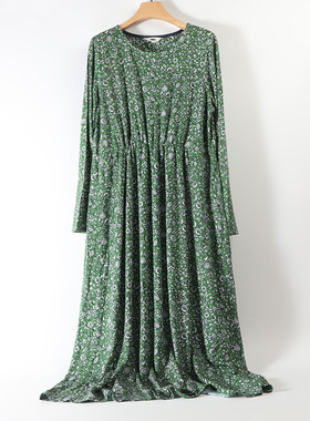 外贸出口绿色法式碎花印花连衣裙女长袖春夏季新款大码加长裙子薄