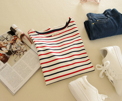 外贸九分袖纯棉条纹圆领