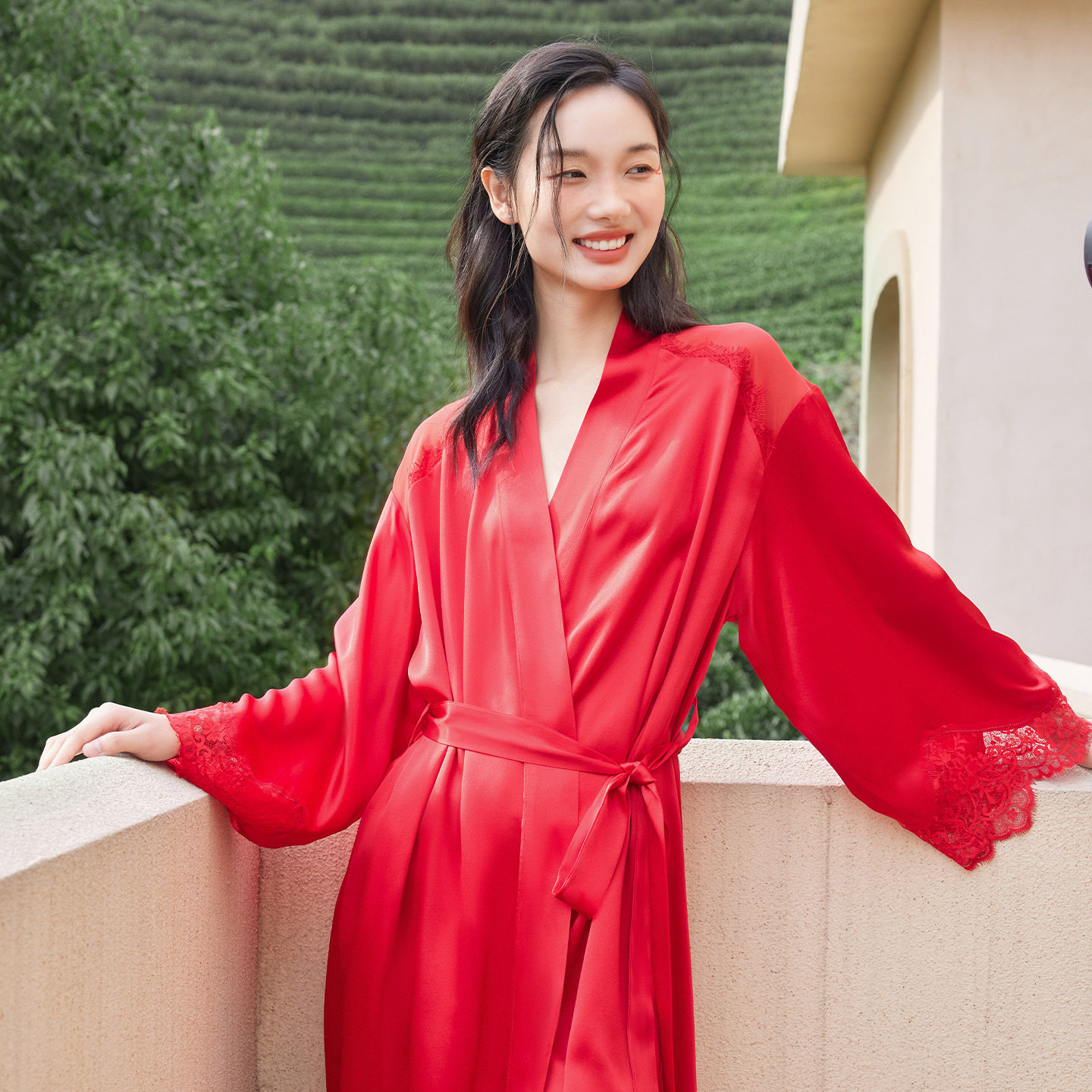 19姆米真丝睡袍女夏性感大红色新娘晨袍100%桑蚕丝睡衣女长袖浴袍